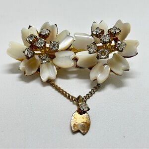 Vintage Gold, Mother Of Pearl Clear Crystal Double Flower Brooch Dangling Charms